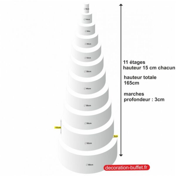 gâteau américain polystyrène 11 étages hauteur totale 165cm - base 68 cm