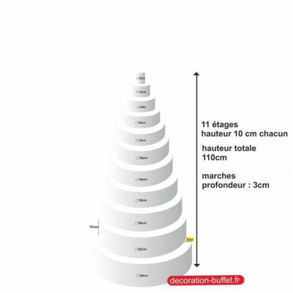 gâteau américain polystyrène 11 étages hauteur totale 110 cm - base 68 cm