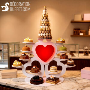 Présentoir Gâteau Mariage – Grand Cœur Lumineux pour 13 Entremets