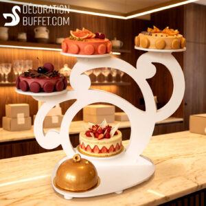 Présentoir Gâteau Tourbillon – Support Original pour 5 Entremets en PVC Blanc