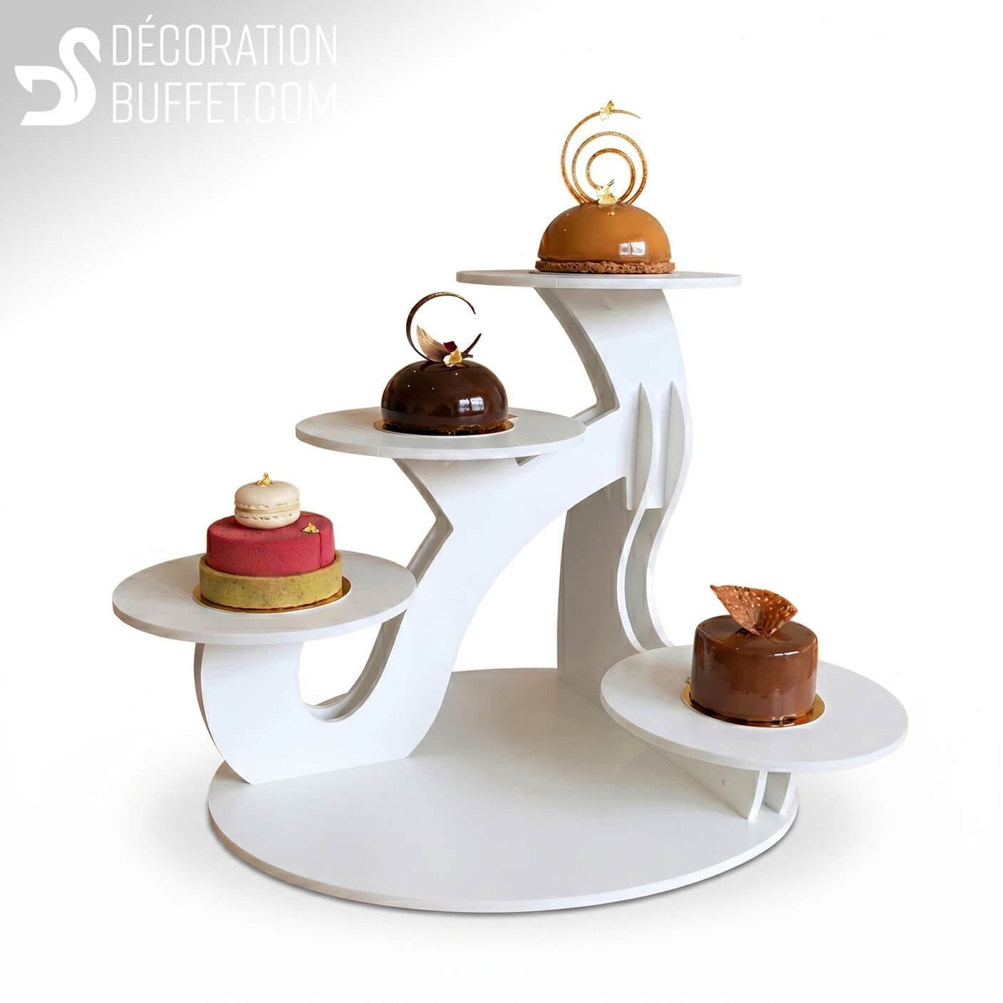 Présentoir gâteau mariage Excellence – 4 entremets en PVC blanc