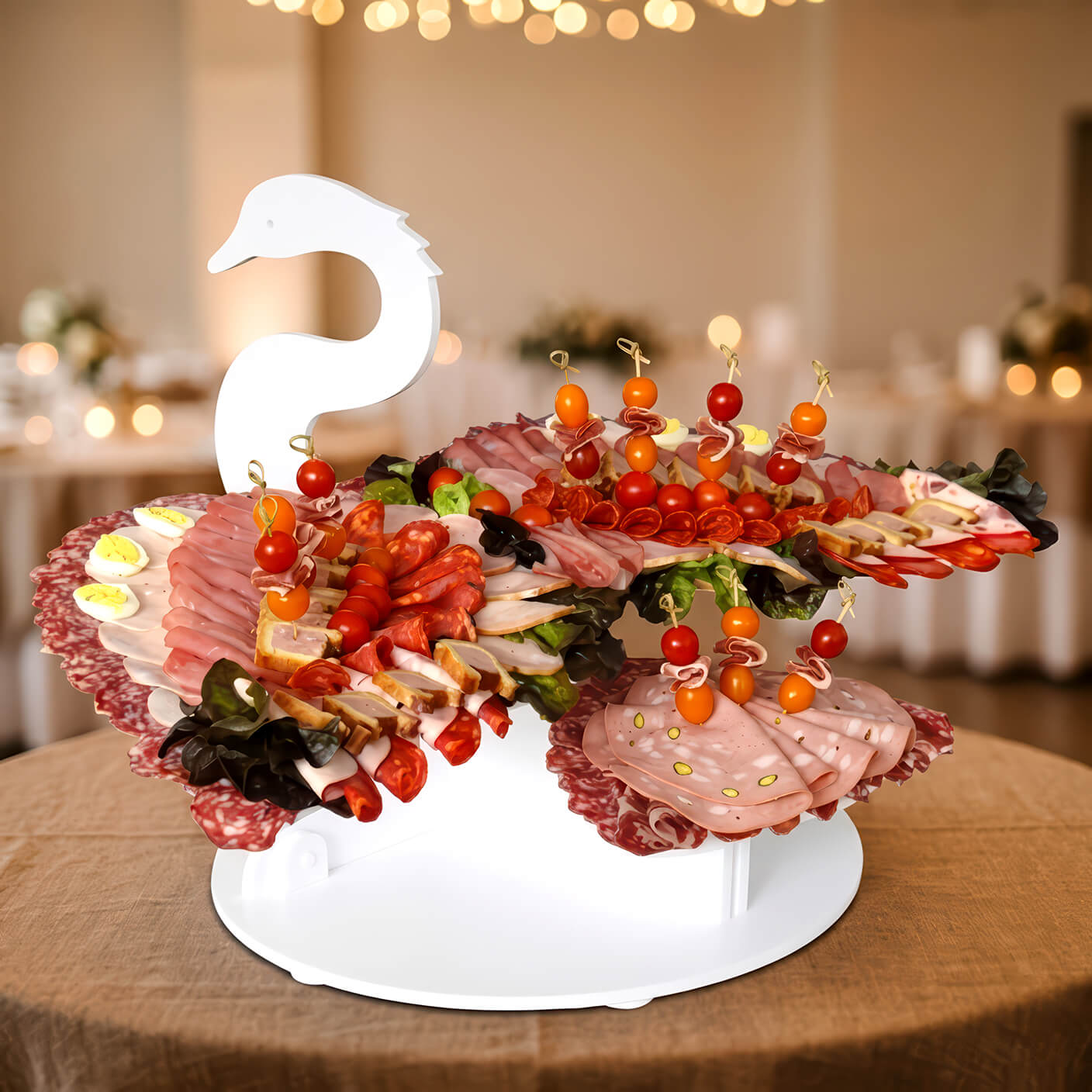 Présentoir buffet traiteur Cygne en PVC – Support charcuterie élégant